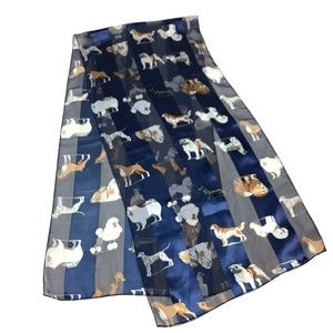 Dog Lover Scarf Blue Many Breeds Made in Korea 100% Polyester 13.5 x 56" Chiffon